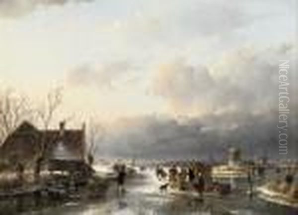 Skaters Near A Koek-en-zopie With Windmills Beyond Oil Painting by Andreas Schelfhout