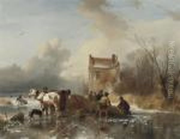 Ice Fishing: Hauling In The Nets On A Winter's Day Oil Painting by Andreas Schelfhout