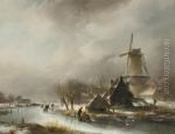 Skating On A Frozen Waterway By A Windmill Oil Painting by Andreas Schelfhout