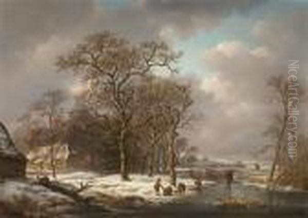 Forest In The Winter With Frozen River Oil Painting by Andreas Schelfhout