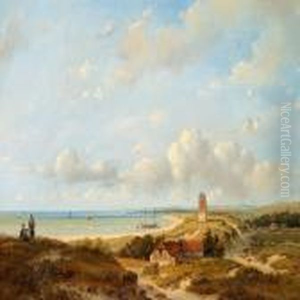 Dutch Coastal Scene With A Lighthouse Oil Painting by Andreas Schelfhout