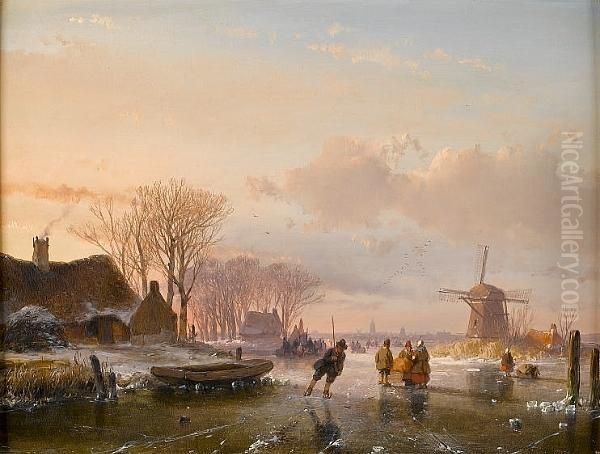 Skaters And Figures On A Frozen River, Haarlem In The Distance Oil Painting by Andreas Schelfhout