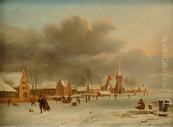 Winter Landscape, Figures On A Frozen River Before A Town Oil Painting by Andreas Schelfhout