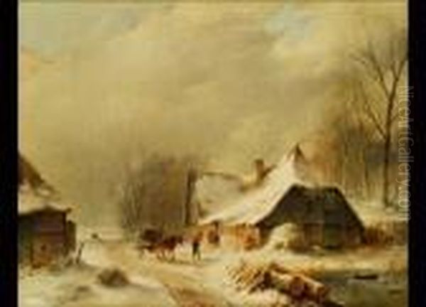 Winterlandschaft Mit Pferdefuhrwerk Vor Einem Verschneiten Bauernhaus Oil Painting by Andreas Schelfhout