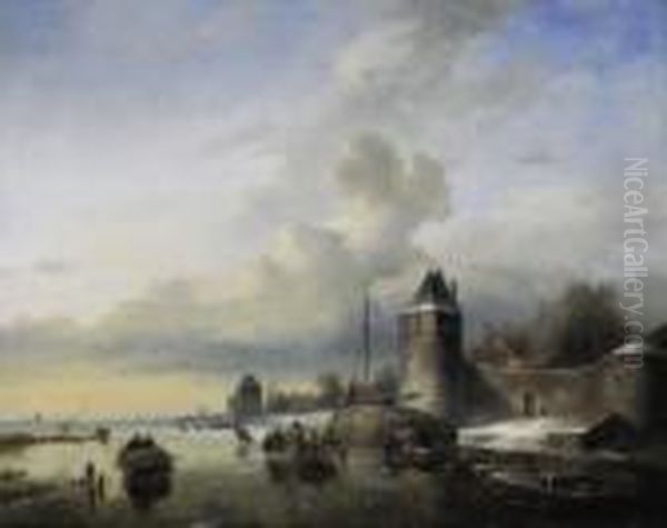 Winterly Frozen Riverlandscape At The Entrance Of A City. Oil Painting by Andreas Schelfhout