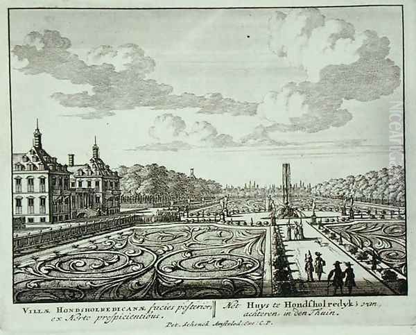 The garden at Honsholredyk, from Admirandorum Quadruplex Spectaculum, by Jan van Call 1656-1703, published before 1715 Oil Painting by Pieter Schenk