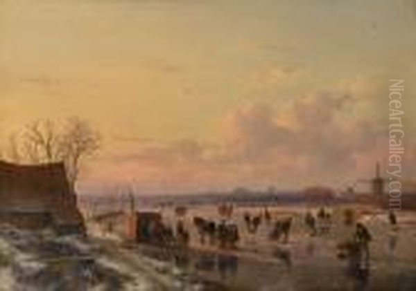 Winter Landscape With Skaters, Haarlem In The Distance Oil Painting by Andreas Schelfhout