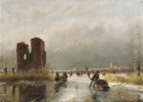 Numerous Skaters By A Ruin, A Town Beyond Oil Painting by Andreas Schelfhout