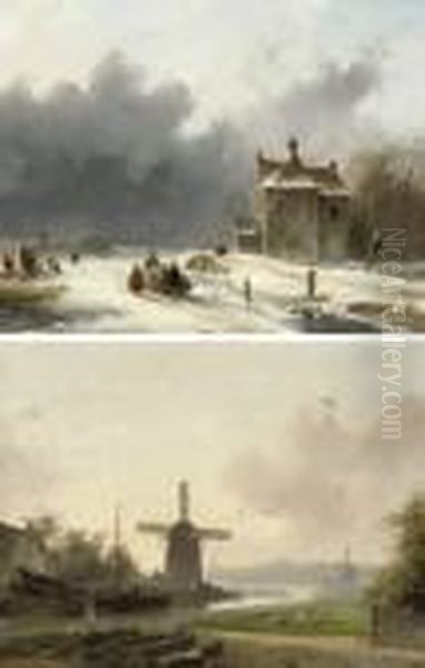 Summer: Figures By A Wharf; And Winter: Figures On The Ice Oil Painting by Andreas Schelfhout