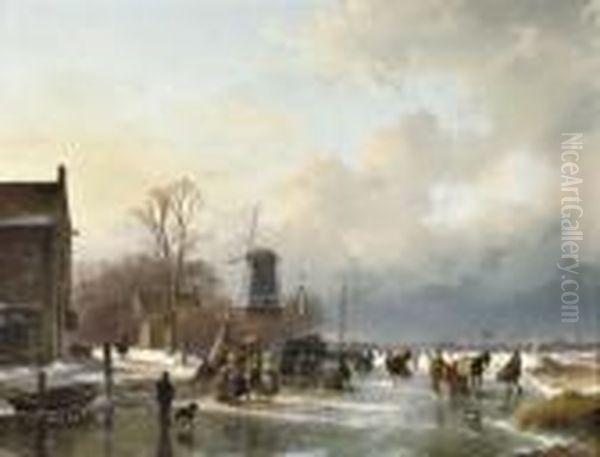 An Extensive Winter Landscape With Numerous Villagers On The Ice Oil Painting by Andreas Schelfhout