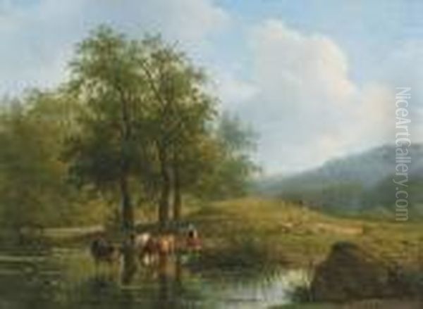 Herding The Cattle In Summer Oil Painting by Andreas Schelfhout