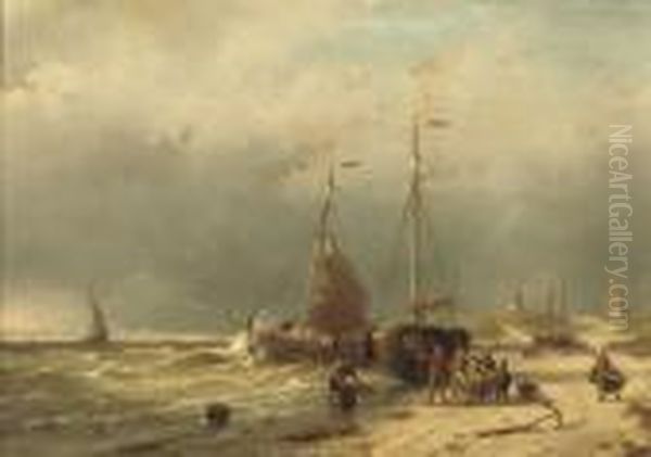 Unloading The Catch On The Beach Of Scheveningen Oil Painting by Andreas Schelfhout