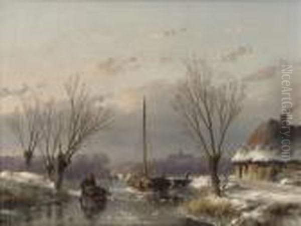 A Sunny Day In Winter Oil Painting by Andreas Schelfhout