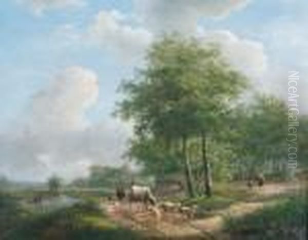 Walking Along A Sunlit Path In The Countryside Oil Painting by Andreas Schelfhout