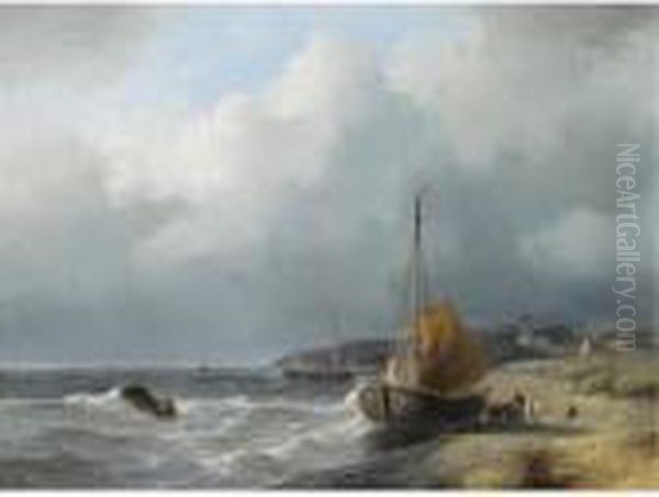 Fisherfolk By A Beached Bomschuit Oil Painting by Andreas Schelfhout