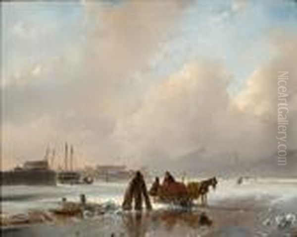 Two Figures On The Ice With A Horse And Sledge Oil Painting by Andreas Schelfhout