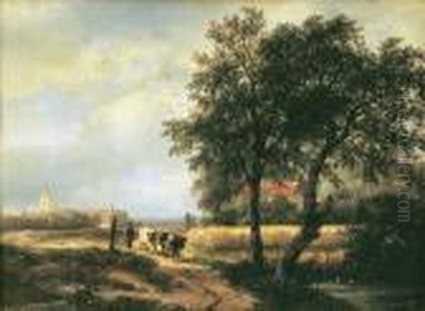 Paysan Et Son Troupeau Dans La Campagne Hollandaise Oil Painting by Andreas Schelfhout