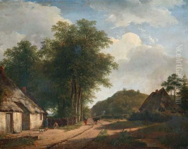 A Farmer In A Summer Landscape Oil Painting by Andreas Schelfhout