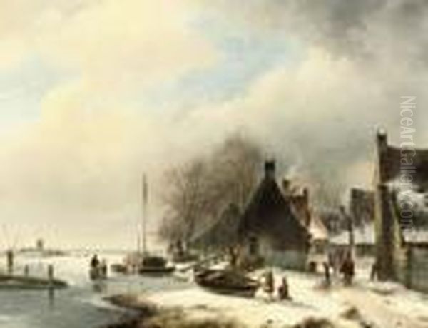 A Day On The Ice Oil Painting by Andreas Schelfhout