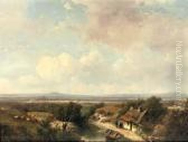 A Panoramic Landscape In Summer Oil Painting by Andreas Schelfhout