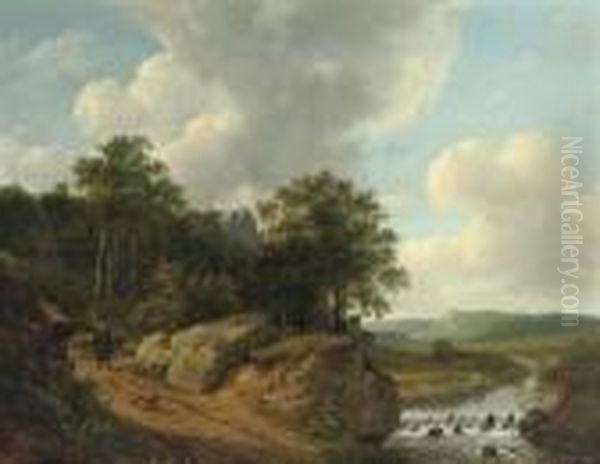 An Extensive Landscape With A Traveller Approaching A Stream Oil Painting by Andreas Schelfhout