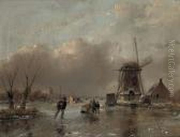 Skaters By A Mill With A Koek En Zopie Beyond Oil Painting by Andreas Schelfhout