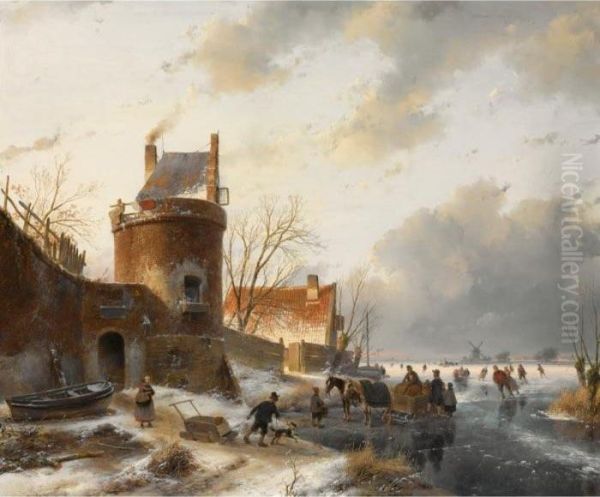 Skaters On A Frozen River Near A Donjon Oil Painting by Andreas Schelfhout