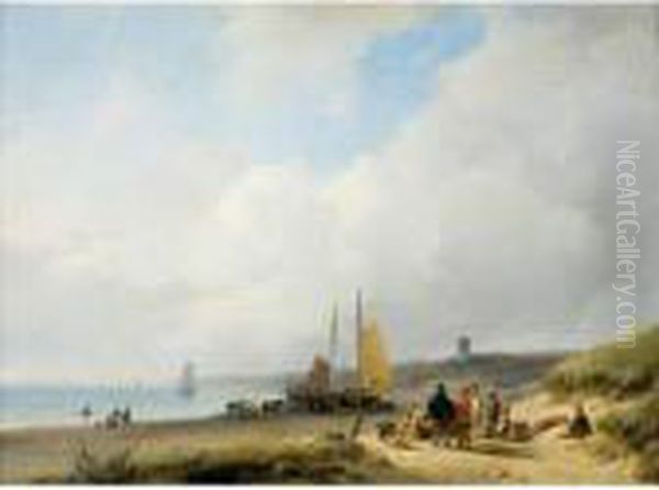 Figures On The Dutch Coast, A Lighthouse In The Distance Oil Painting by Andreas Schelfhout