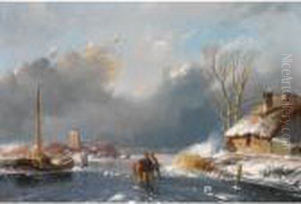 Skaters On A Frozen Waterway Oil Painting by Andreas Schelfhout