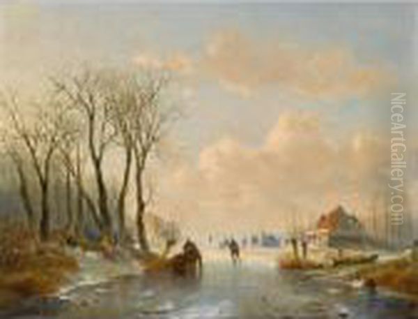 Skaters On The Ice, A 'koek En Zopie' In The Distance Oil Painting by Andreas Schelfhout