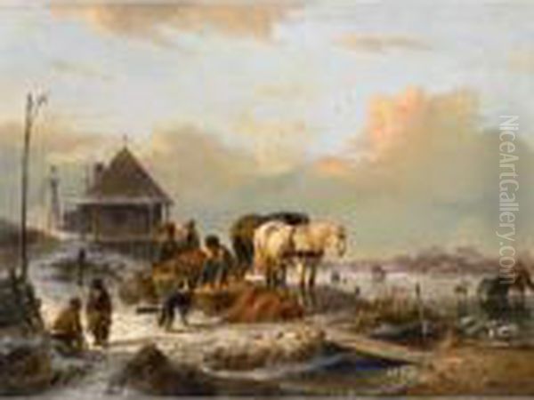 A Winter Landscape With Figures Loading A Horse Sleigh Oil Painting by Andreas Schelfhout