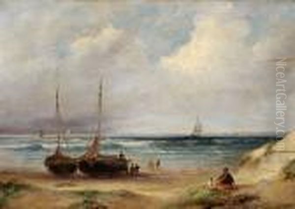 Two Moored Boats On A Beach With A Boy And A Dog In The Foreground Oil Painting by Andreas Schelfhout