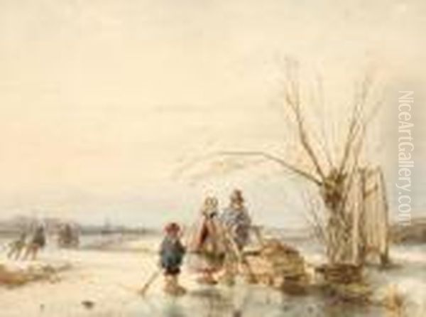 Figures On The Ice Oil Painting by Andreas Schelfhout