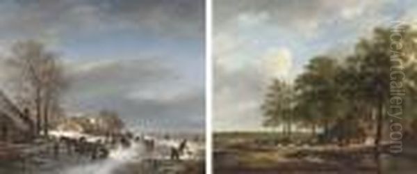 Townspeople Skating On A Frozen Stream; And A Farmhouse Amongst Trees In Summer Oil Painting by Andreas Schelfhout