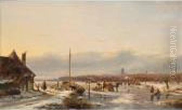 Skaters On The Ice Near Zaltbommel Oil Painting by Andreas Schelfhout