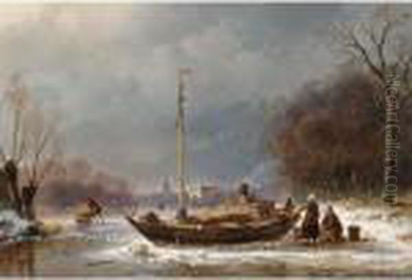 A Wintry Scene With Figures Near A Boat On The Ice Oil Painting by Andreas Schelfhout