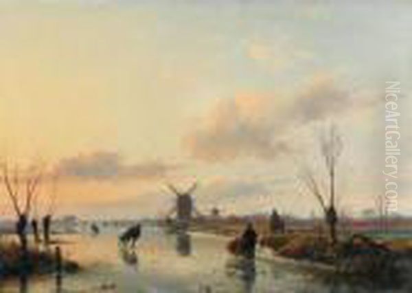 Skaters In A Winter Landscape With Windmills Oil Painting by Andreas Schelfhout