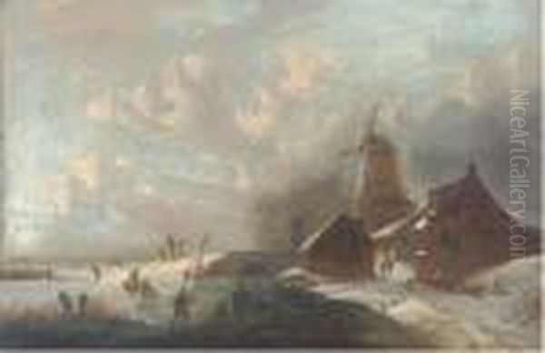 Figures On A Frozen Waterway Oil Painting by Andreas Schelfhout