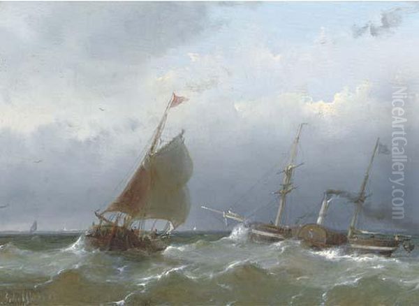 A Paddle-steamer On Open Water Oil Painting by Andreas Schelfhout