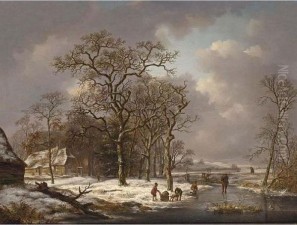 A Winter Landscape With Figures On A Frozen Waterway Oil Painting by Andreas Schelfhout