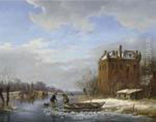 A Winter Landscape With Figures On The Ice, A 'koek En Zopie' In The Distance Oil Painting by Andreas Schelfhout