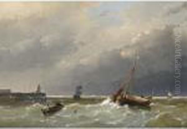 Shipping Off The Coast, Scheveningen Oil Painting by Andreas Schelfhout