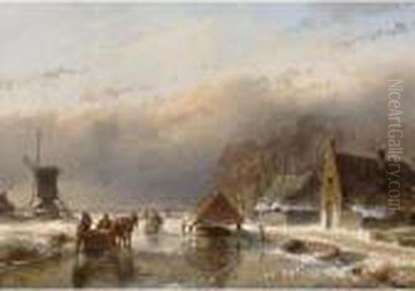 A Frozen Waterway With Figures On The Ice Oil Painting by Andreas Schelfhout