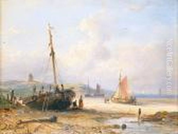 Ship In The Harbor Oil Painting by Andreas Schelfhout