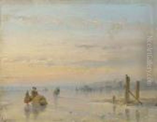 Figures With A Sledge On The Ice Oil Painting by Andreas Schelfhout