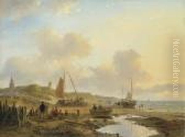 Activities On The Beach Of Scheveningen Oil Painting by Andreas Schelfhout