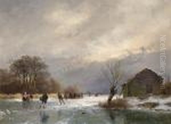 Skaters On A Frozen Waterway A 'koek En Zopie' In The Distance Oil Painting by Andreas Schelfhout