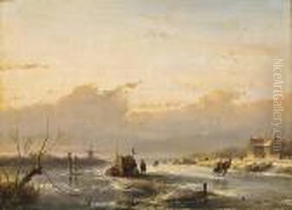 Frozen River With Skaters And A Koek En Zopie Oil Painting by Andreas Schelfhout