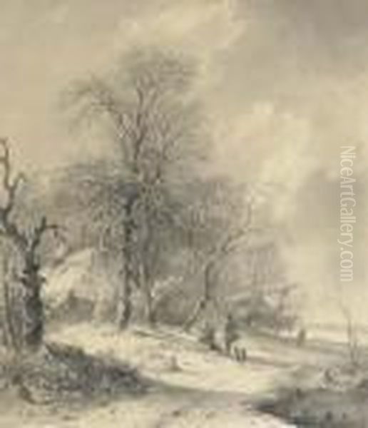 Winter: Sportsmen On The Edge Of A Forest Oil Painting by Andreas Schelfhout