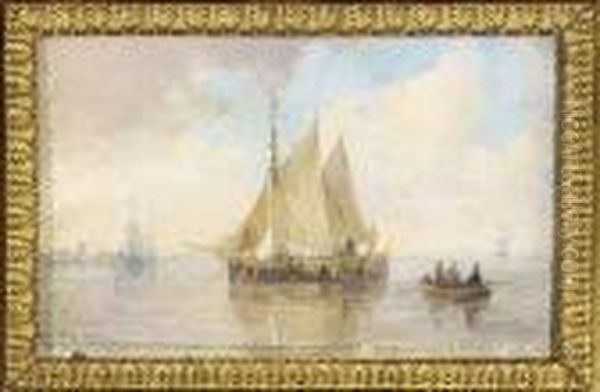 Sailing-vessels On An Estuary Oil Painting by Andreas Schelfhout